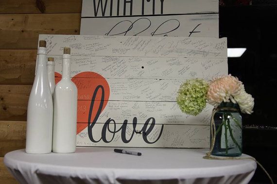 Wedding - Personalized Wood Sign Wedding Guest Book Alternative With Wrap-Around Heart (White Distressed)