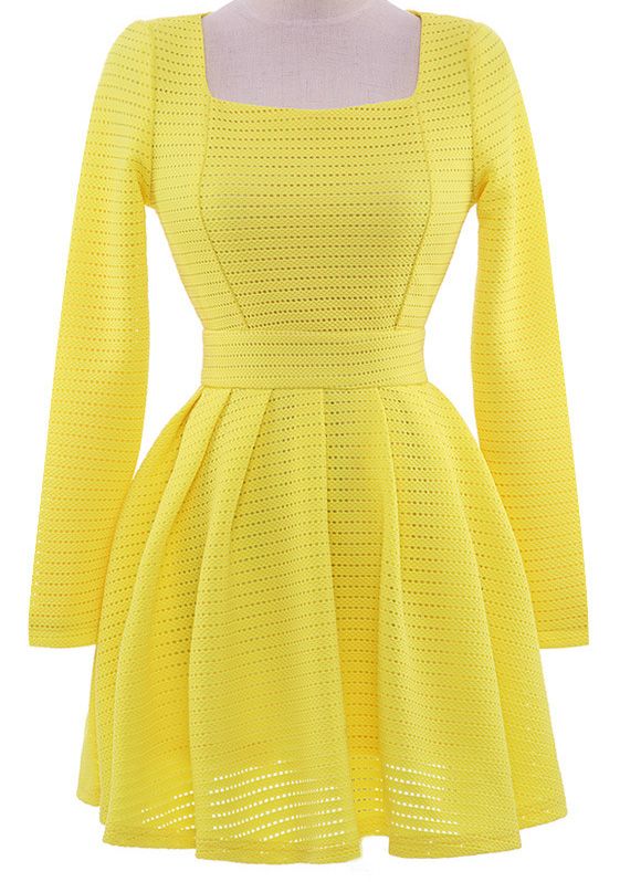 Wedding - Yellow Long Sleeve Hollow Zip Flare Dress - Sheinside.com