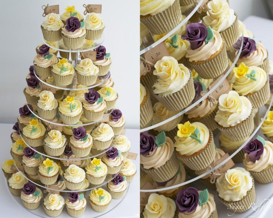 Wedding - Wedding Cupcake Tower- With Purple Roses, Cream Roses And Daffodils
