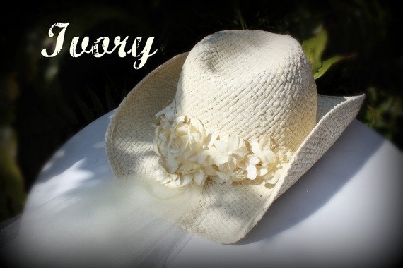 Wedding - Ivory Cowgirl Hat Bridal Hat With Veil Attached-Western Wedding Veil