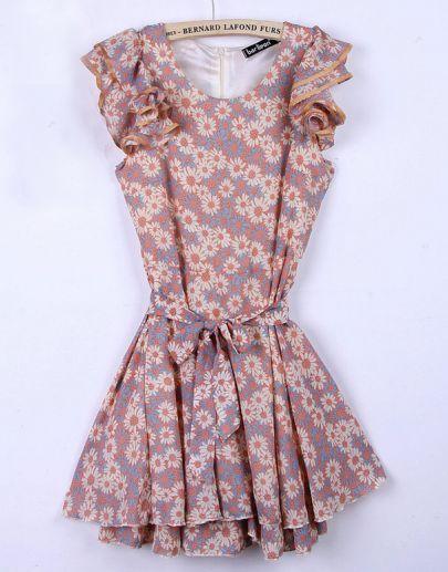 Wedding - Pink Flower Pattern Ruffle Belt Dress - Sheinside.com