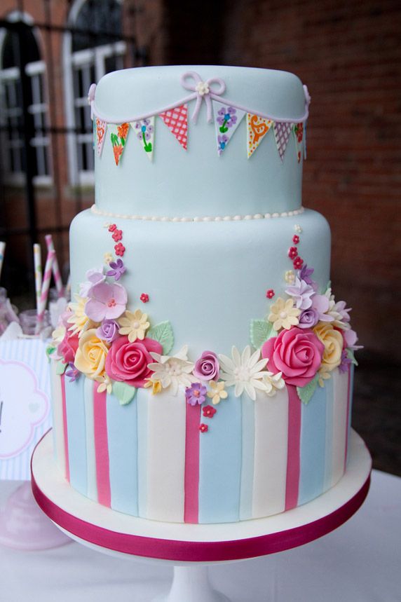 Wedding - Pretty Colorful Striped & Flowers Cake 