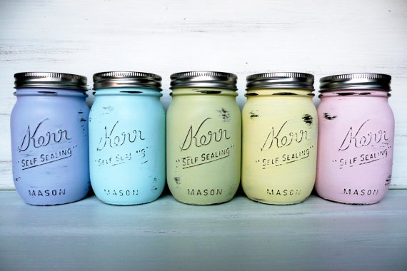 Wedding - Pastel / SUMMER Wedding And Home Decor - Painted And Distressed Mason Jars - Vase - Baby Pastels