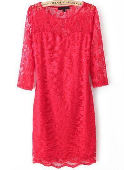 Wedding - Red Long Sleeve Backless Lace Bodycon Dress - Sheinside.com