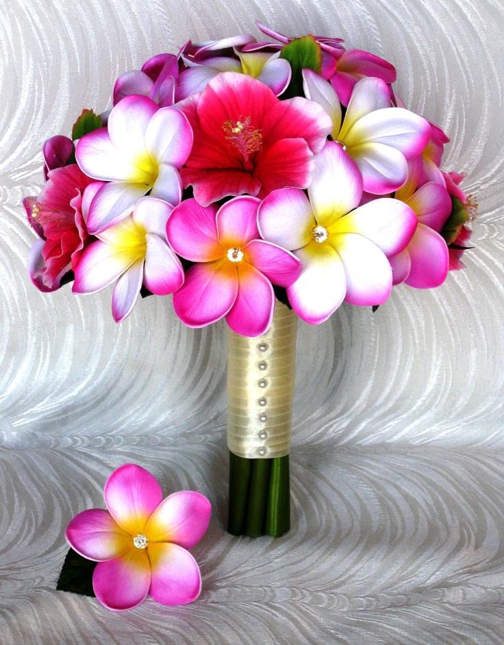 Hochzeit - Real Touch Wachsblume und Rose Pink Hibiscus Blumenstrauß betont mit Clear Crystal Centers