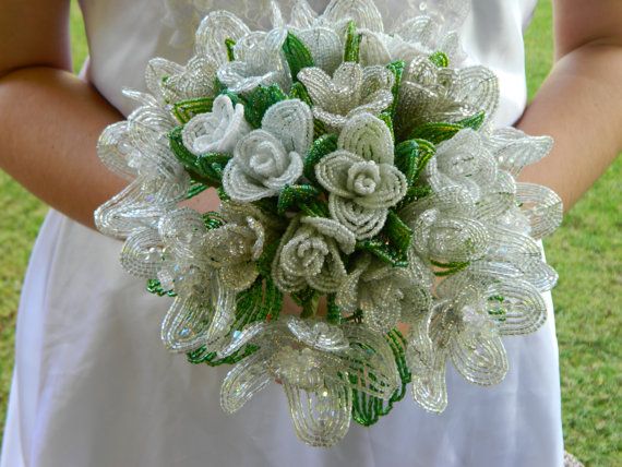 Wedding - White And Crystal French Beaded Flower Bridal Bouquet