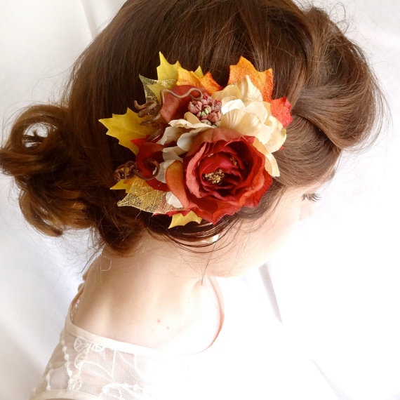 Свадьба - Свадебная осень зажим для волос - шелест - кирпично-красного, оранжевого листья, ветки, цветы