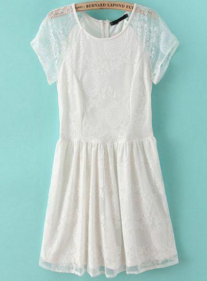 Wedding - White Short Sleeve Pleated Lace Dress - Sheinside.com