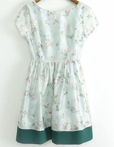 Wedding - Green Short Sleeve Floral Butterfly Print Dress - Sheinside.com