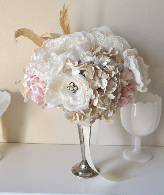 Wedding - Enchanting Creamy Fabric Flower Peony Bouquet Among Cafe And Southern Pink Paper Hydrangea