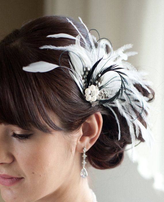 Wedding - Wedding Hair Accessory, Bridal Feather Fascinator, Black And Diamond White Hair Accessory, Bridal Head Piece - CARLY