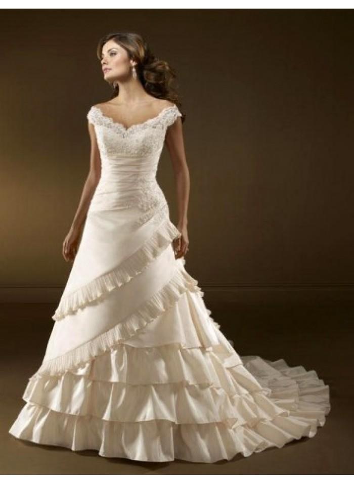 Свадьба - A-line Off-The-Shoulder Lace Sweep Train Satin Wedding Dresses WE4458
