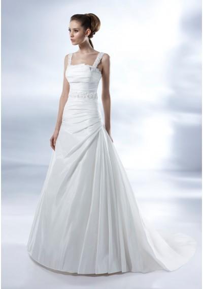 Hochzeit - Taffeta Sleeveless Lace Square Neckline Pleated Bodice With Lace Trim A-line Pick-up Skirt With Chapel Train 2012 New Arrival We