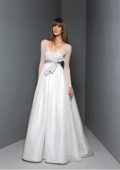 Wedding - Organza Straight Neckline Overlay With V-neckline And Long Sleeves Lace Empire Bodice Empire Gathered Skirt Hot Sell Wedding Dre