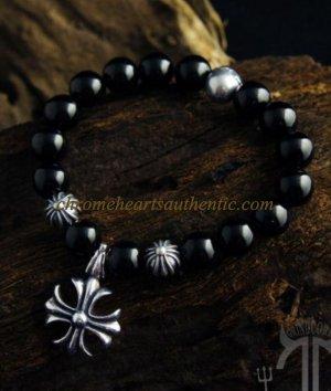 زفاف - Chrome Hearts Big Cross Pendant Black Agate Beads Bracelet