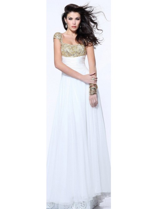 Mariage - Chiffon Embellished White Floor-Length Cap Sleeve Dress