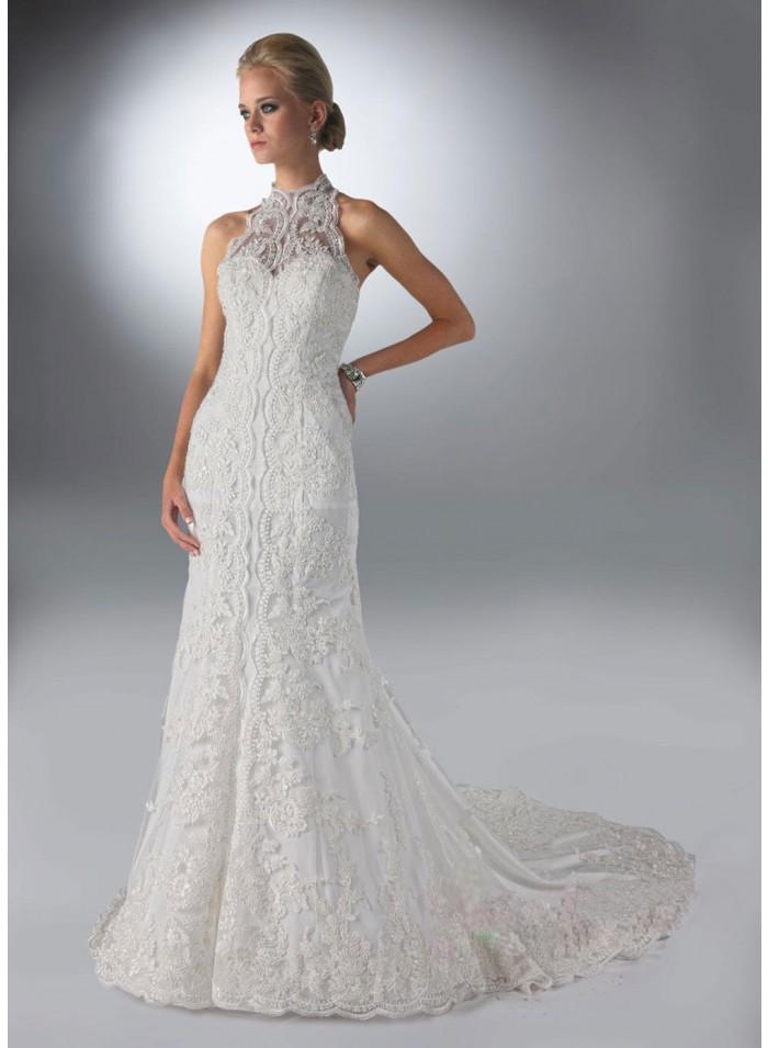 Свадьба - Halter Appliques/Lace Mermaid Cathedral Train Elegant Natural Lace Wedding Dresses WE2678