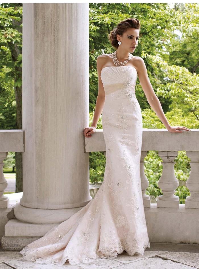 Hochzeit - Strapless Appliques/Sequins/Lace Column/Sheath Court Train Luxurious Natural Pink Lace Wedding Dresses WE2675