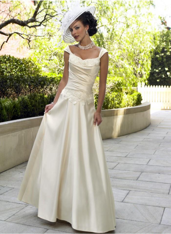 Hochzeit - A-line Off-the-shoulder V-neck Lace Applique Empire Floor-length Wedding Dresses WE0121