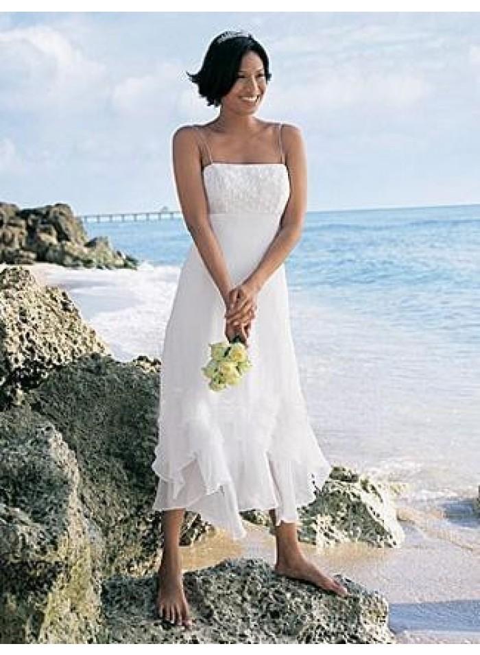 زفاف - A-Line Spaghetti Straps Tea-length Chiffon Wedding Dress WE0112