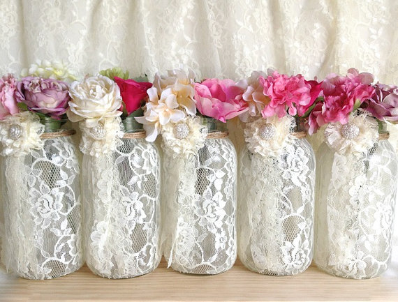 Wedding - ivory lace covered mason jar vases, wedding decoration, engagement, anniversary or home deocration