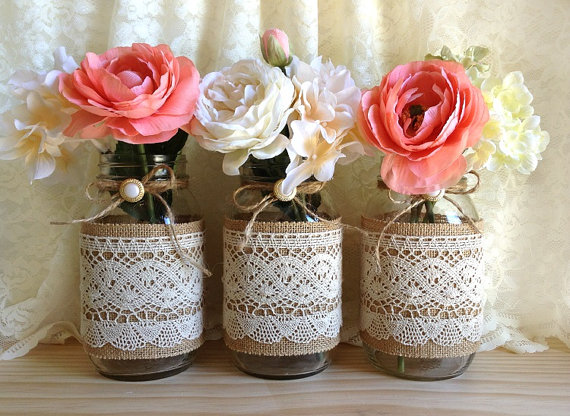 Mariage - burlap and lace covered 3 mason jar vases wedding deocration, bridal shower, engagement, anniversary party decor