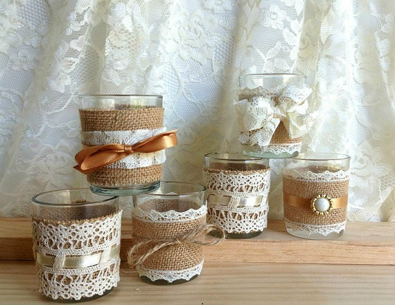 Wedding - burlap and lace covered votive tea candles, country chic wedding decoration, bridal shower decor or home decor, vintage style