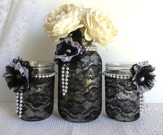 زفاف - black lace mason jars - black and white lace covered mason jars - wedding decor - bridal shower decor- home decor - gift or for you