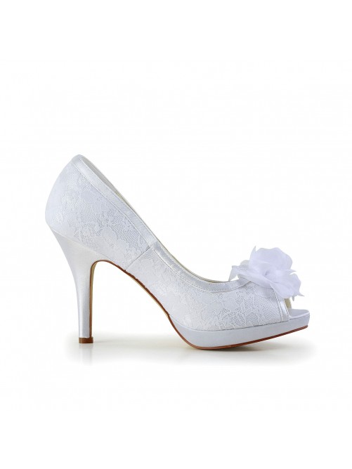 Hochzeit - Satin Peep Toe Stiletto Heel Shoes With Flower