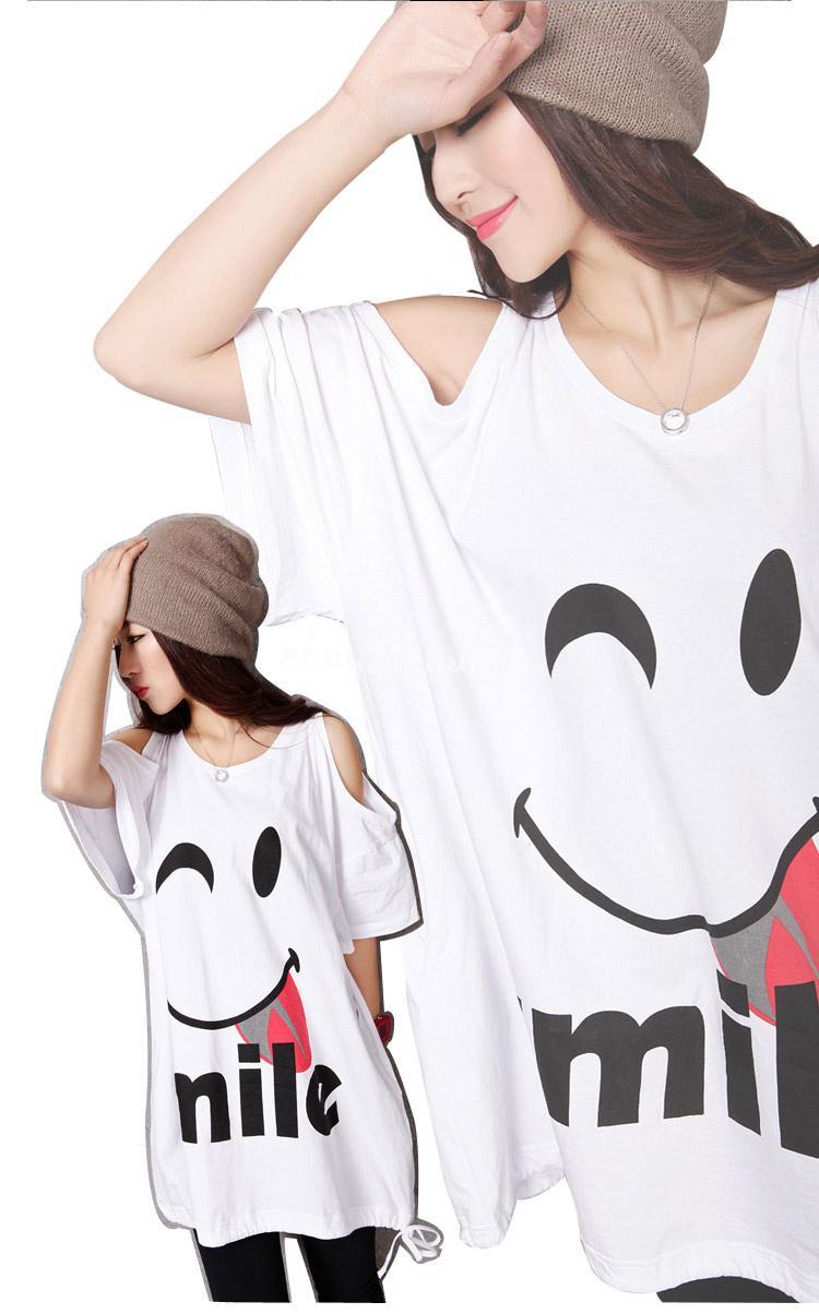 Mariage - Summer Big Girls Shoulder Cut Bat Sleeve Smiley T-shirts