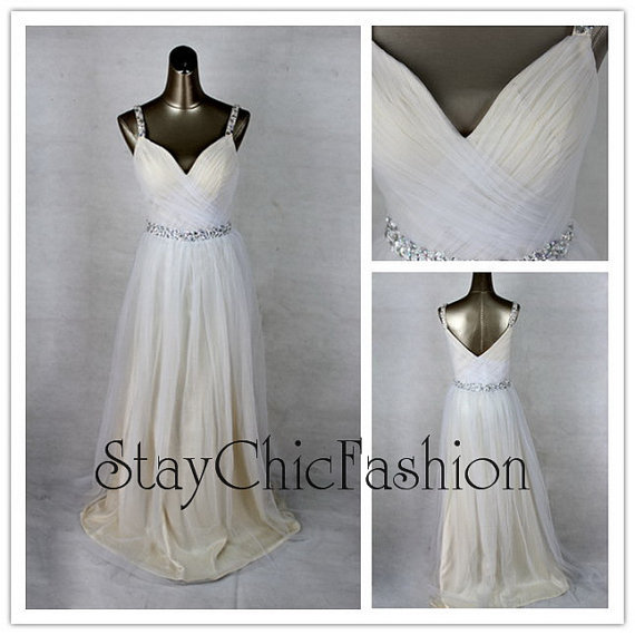 زفاف - White long Jeweled Straps V Neck Ruched Dress for Prom Sale