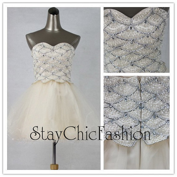 Wedding - Short Nude Scalloped Beaded Top Strapless Cocktail Dress 2014