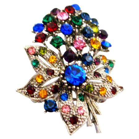 Wedding - Flower Bouquet Brooch Alloy Metal w/ Spring MultiColor Crystals Brooch