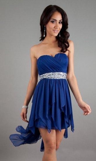 Wedding - Short Navy Pleated Sequin Waist High to Low Cocktail Dress
