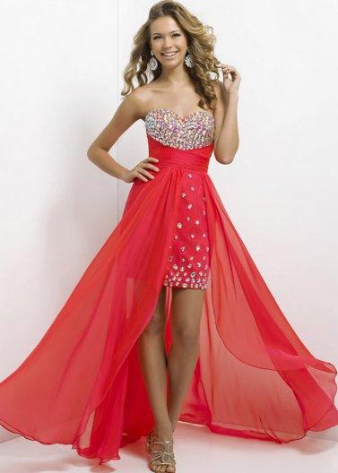 Wedding - Red Circular Stone Beaded Strapless High Low Homecoming Dress