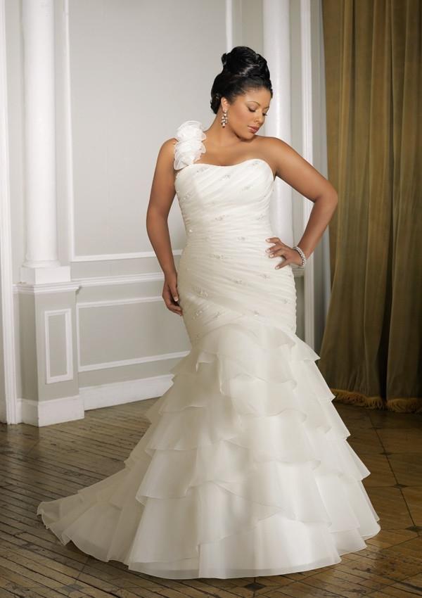 زفاف - One-shoulder Court Train Trumpet Organza Wedding Dress(WD0561)
