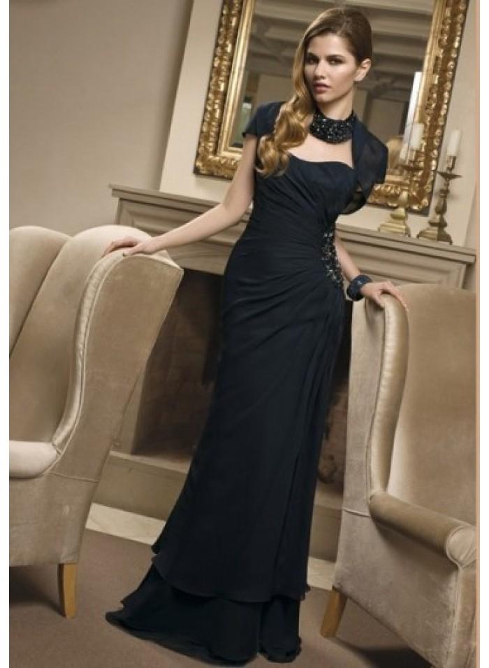 Mariage - Strapless Crystal Brooch Column/Sheath Floor-length Elegant Natural Black Chiffon Mother Dresses With Wrap WE4560