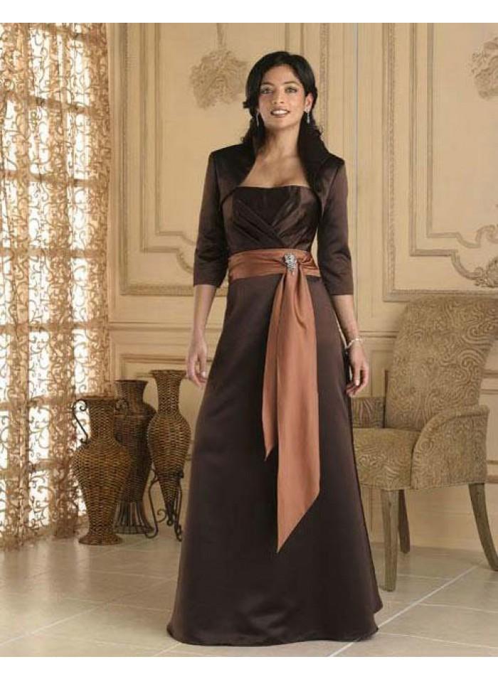 Mariage - A-line Strapless Orange Sashes Floor-length Elegant Natural Chocolate Satin Mother Dresses With Wrap WE4556