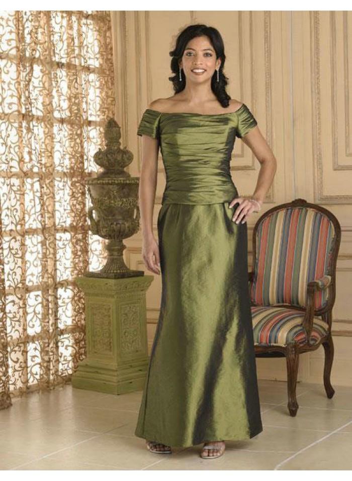 Mariage - A-line Off-the-Shoulder Short Sleeve Sequins Ankle-length Elegant Natural Green Satin Mother Dresses WE4554