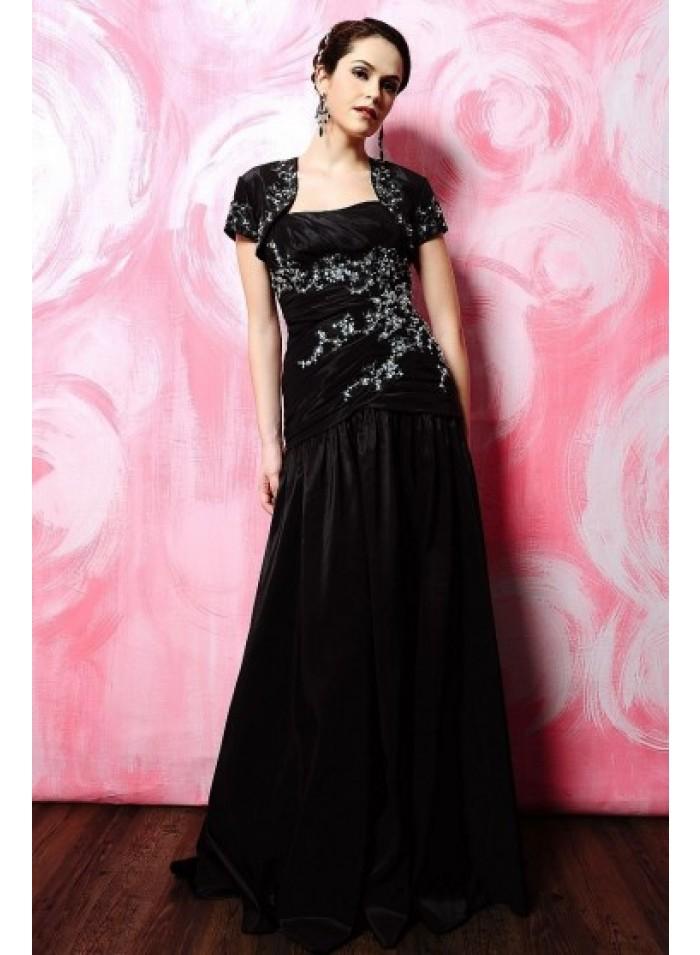 زفاف - A-line Strapless Appliques/Sequins Floor-length Black Satin Mother Dresses With Wrap WE4573