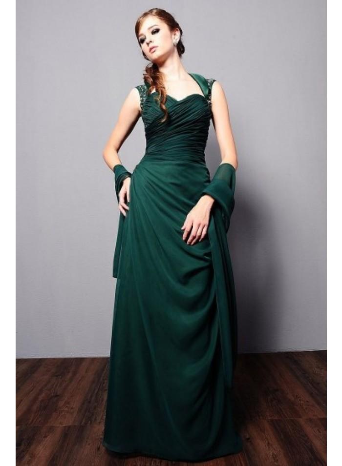 زفاف - A-line Short Sleeve Sweetheart Appliques Floor-length Elegant Natural Dark Green Satin Mother Dresses With Wrap WE4571