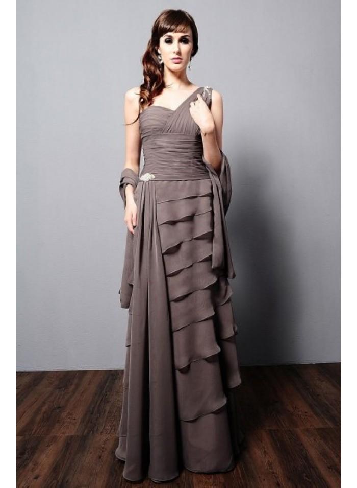 زفاف - A-line One shoulder Tiers Floor-length Elegant Natural Gray Chiffon Mother Dresses With Wrap WE4570