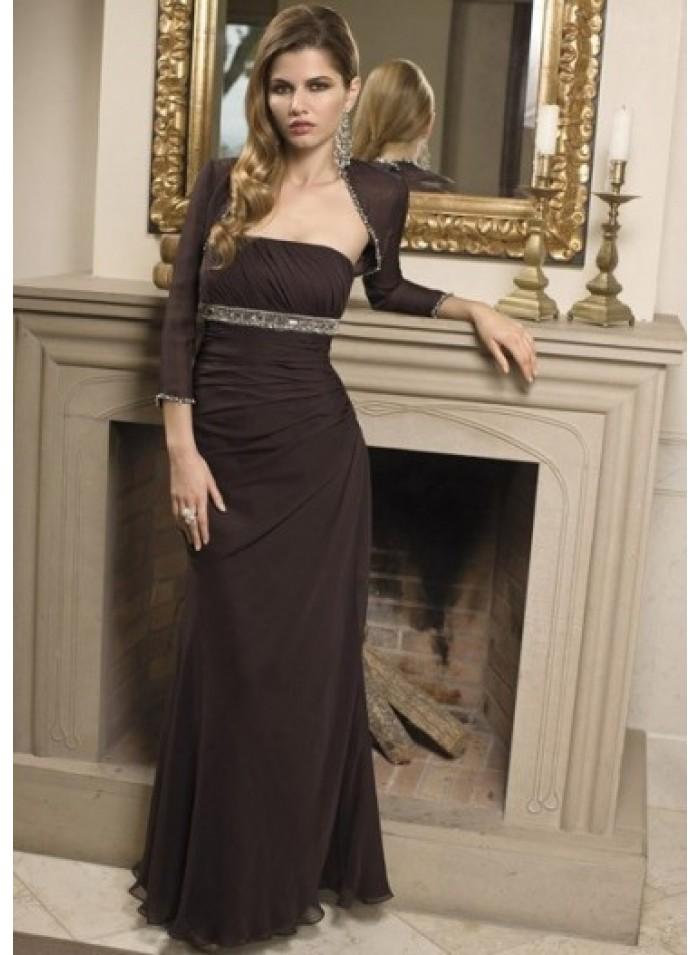 زفاف - A-line Strapless Beading/Sequins Floor-length Elegant Natural Chocolate Chiffon Mother Dresses With Wrap WE4567