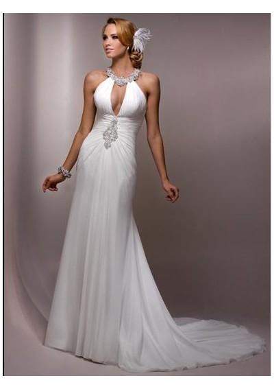 Wedding - Chiffon Sleeveless Beaded Jewel Neckline Notched Bust And Rouched Midriff With Beaded Embellishment Column Gathered Dress With C