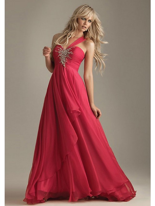 زفاف - Elegant A-line One-shoulder Sleeveless Floor-Length Chiffon Beading Dresses
