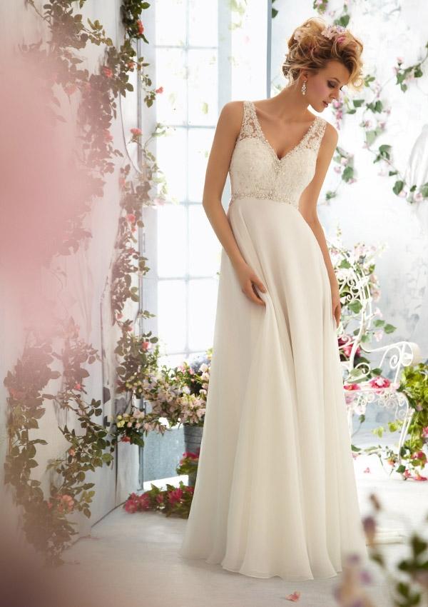 زفاف - Crystal Beading Edging Alencon Lace On Delicate Chiffon Wedding Dresses(HM0253)
