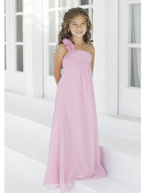 زفاف - A-Line One-Shoulder Floor-Length Chiffon Empire Junior Bridesmaid Dresses