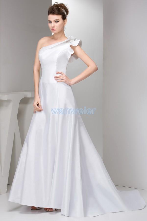 Свадьба - Oblique Satin Sheath One-shoulder Train White Prom Dress(ZJ6735)