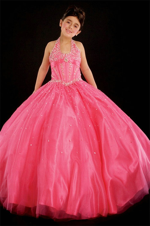 زفاف - Ball Gown Halter Beading Tulle Red Satin Girl Pageant Dress