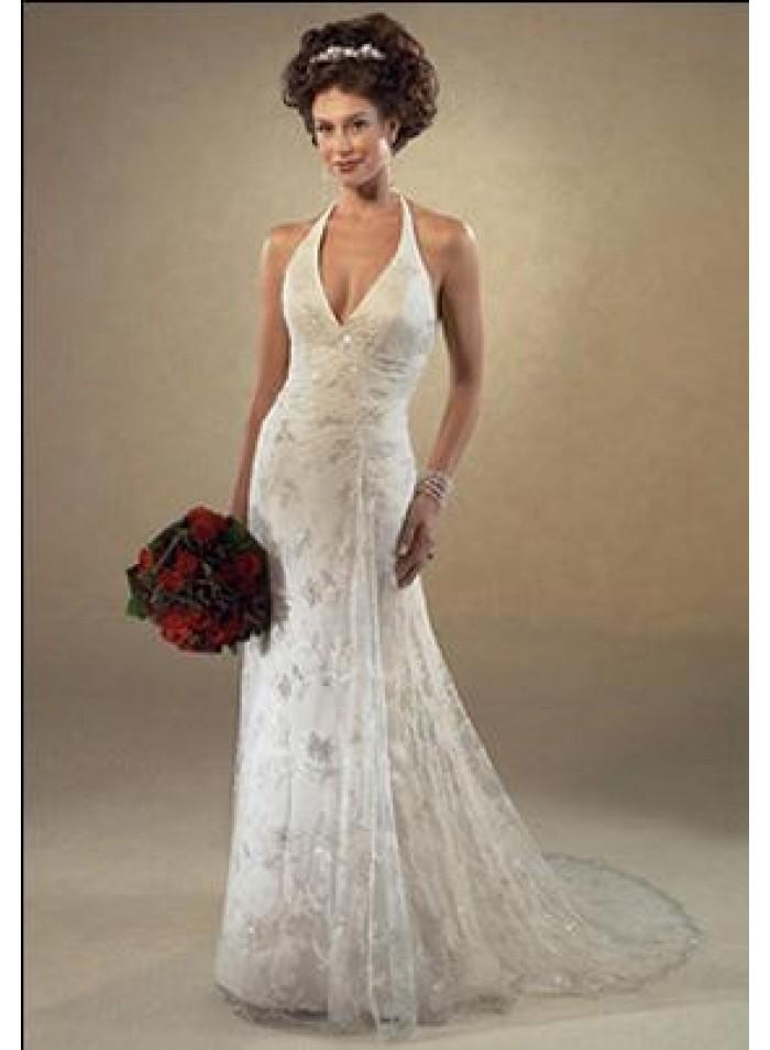 زفاف - Mermaid/Sheath Halter Sleeveless Appliques/Beading/Lace Empire Chapel train Lace Wedding Dresses WE2642